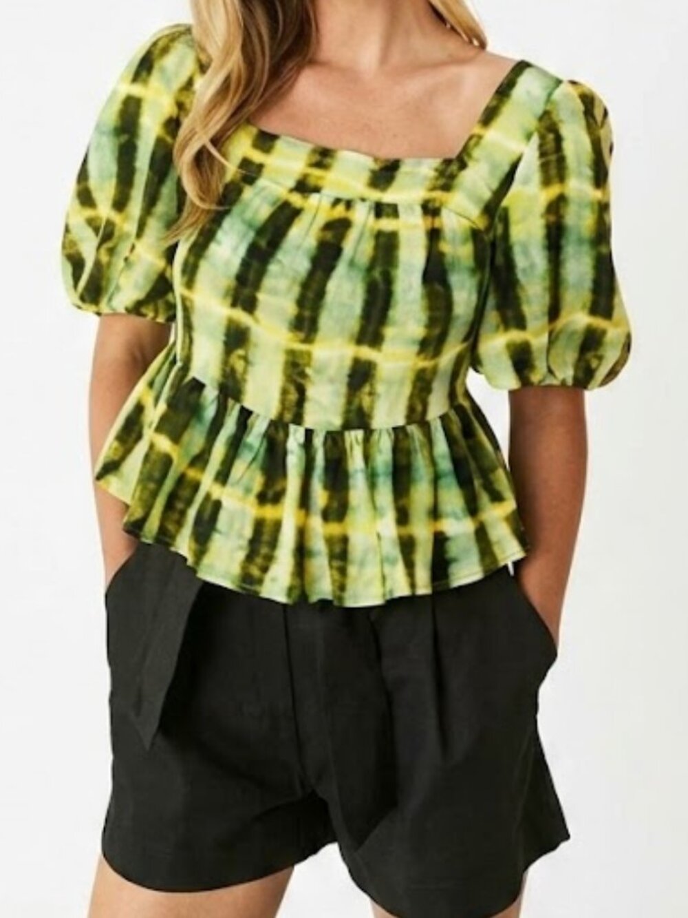 Marie Oliver Kaylee Green Yellow Plaid Puff Sleeve Peplum Top Medium